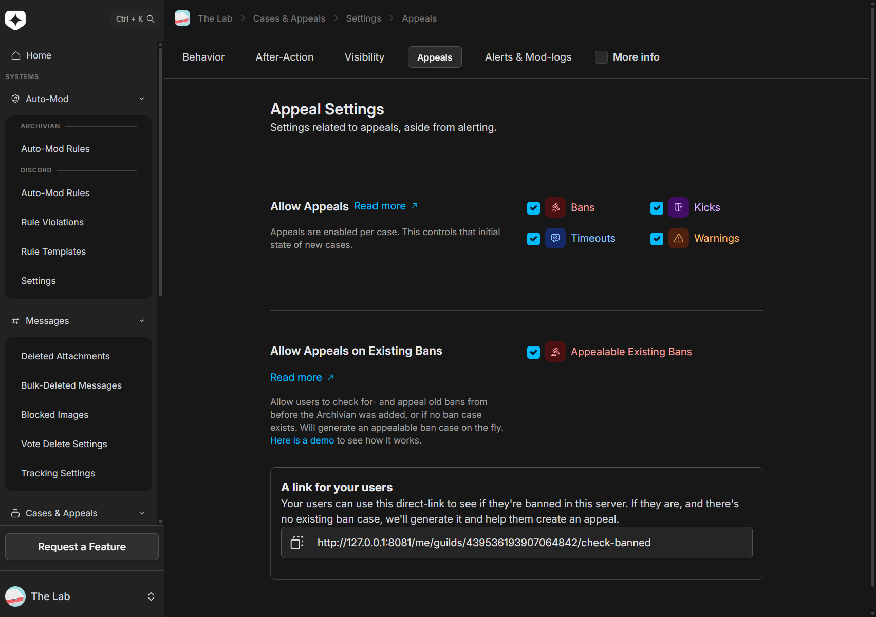 The Appeal Settings page with 'Allow Appeals' checkboxes for Bans, Kicks, Timeouts, and Warnings, plus 'Allow Appeals on Existing Bans'