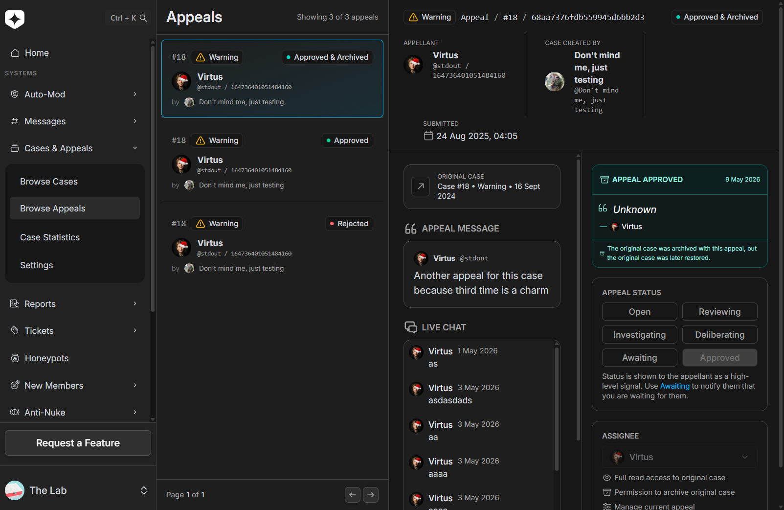 The staff view of an appeal, showing the status, case type, a link to the original case, a Chat button, an Assign staff button, the appeal message, and a status selector with a Create verdict button