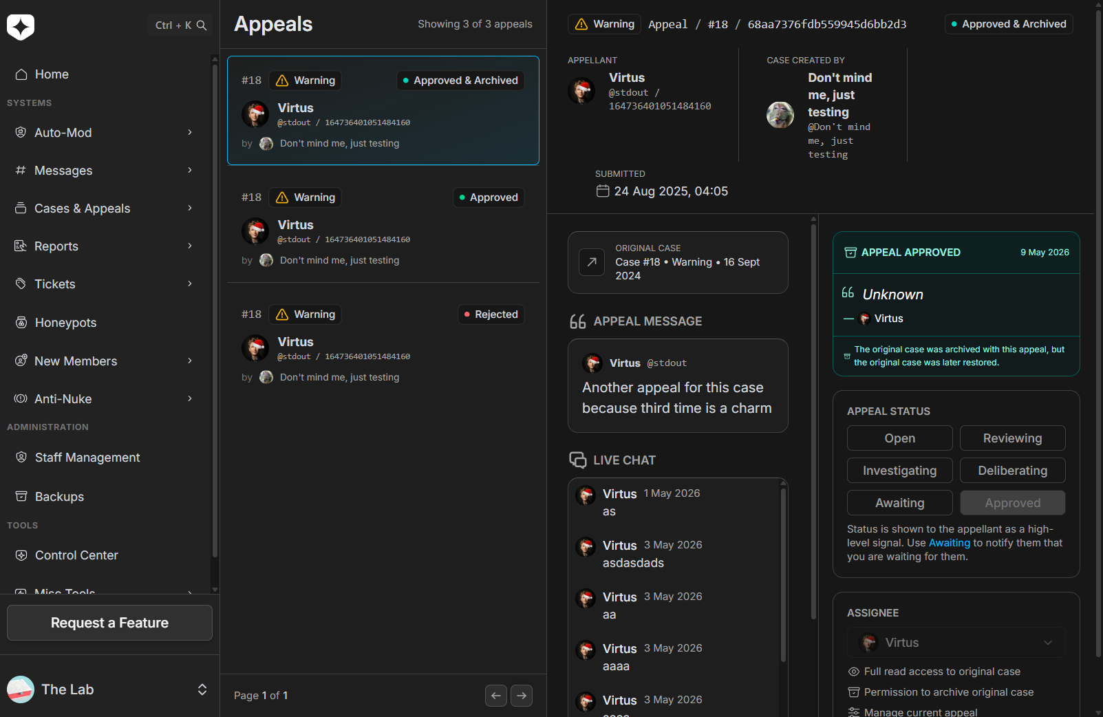 The appeal verdict screen, with Approved (closes the appeal and marks the case as undone) and Rejected options, a checkbox to archive the case, and a closing-statement field shared with the appealing user