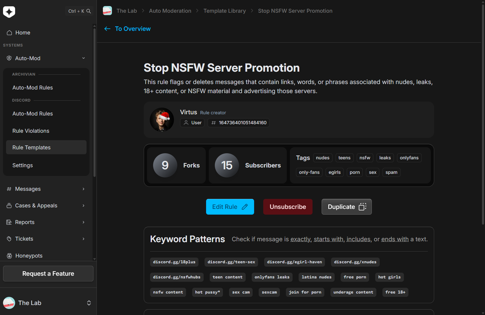 A template's page showing its fork and subscriber counts, tags, keyword patterns, and Duplicate and subscribe actions