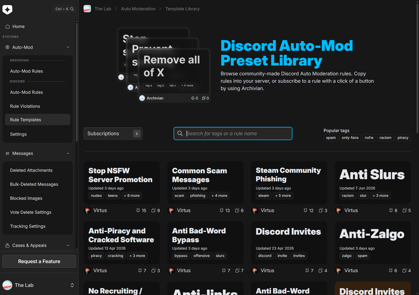 The Discord Auto-Mod Preset Library page with a searchable grid of community-made templates such as Stop NSFW Server Promotion, Steam Community Phishing, Anti Slurs, and Anti-Zalgo, each with tags and a subscribe count