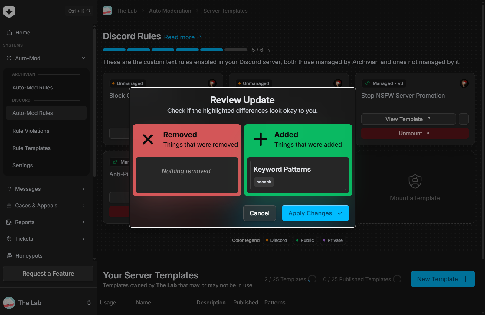 The Review Update screen showing what was removed and what was added to a rule, with an Apply Changes button