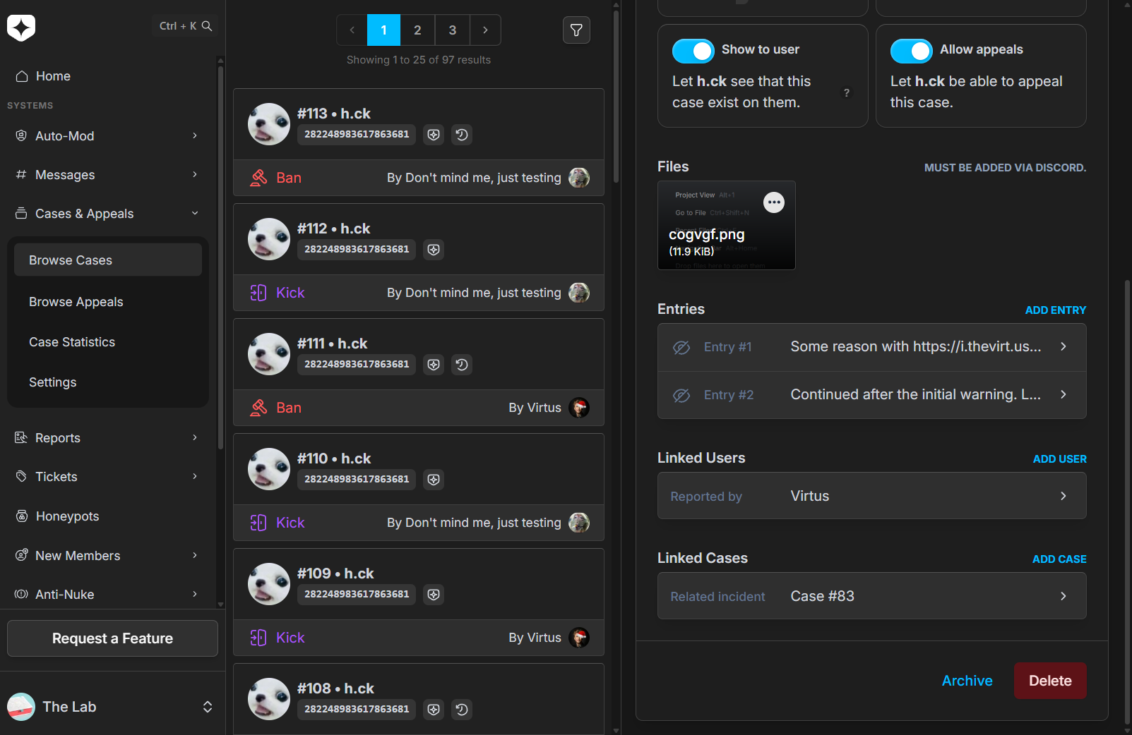A case showing linked users (owner of portfolio, reported by) and a linked case labelled 'Tendency to be: Case #5'