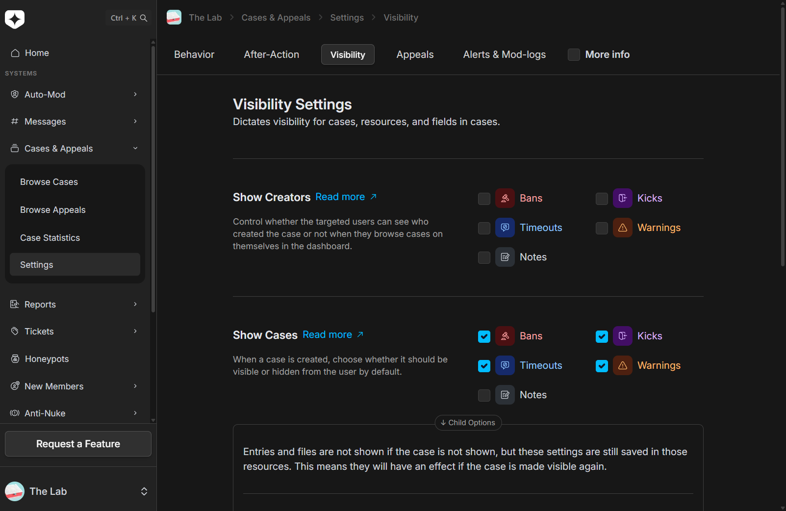 The per-case-type content visibility settings, with toggles to show the case, its creators, the initial entry, all entries, and files