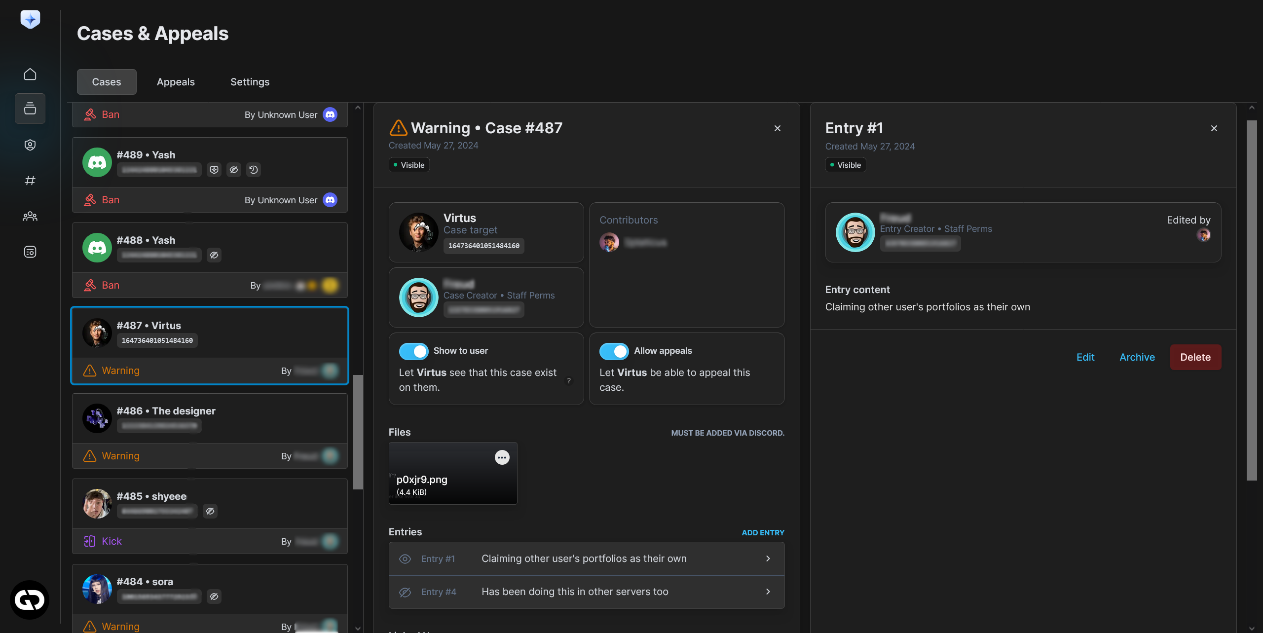 The full case interface: a list of cases on the left, a selected case showing its target, contributors, show-to-user and allow-appeals toggles, attached files and entries in the middle, and an expanded entry with edit/archive/delete on the right