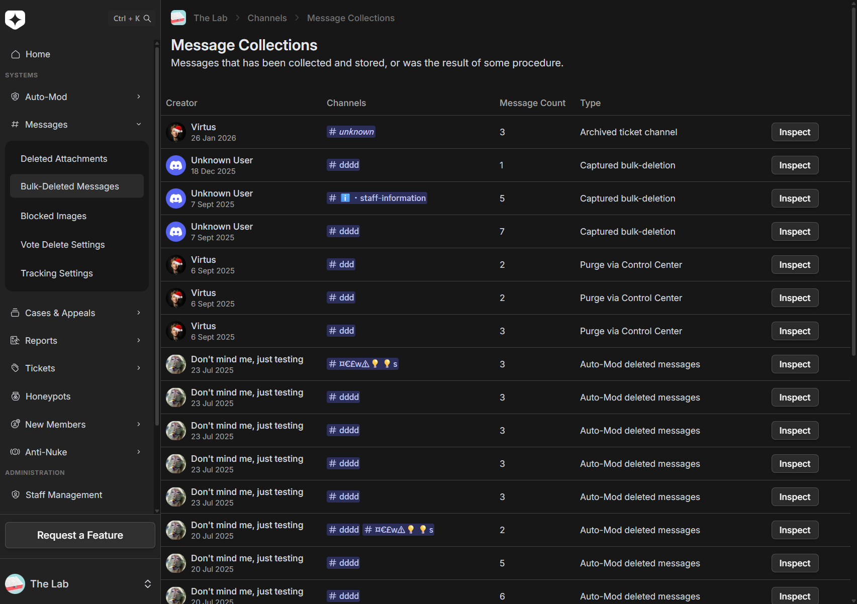 The Message Collections page listing captured bulk-deletions, purges via Control Center, and auto-mod deletions, each with a message count and an Inspect button
