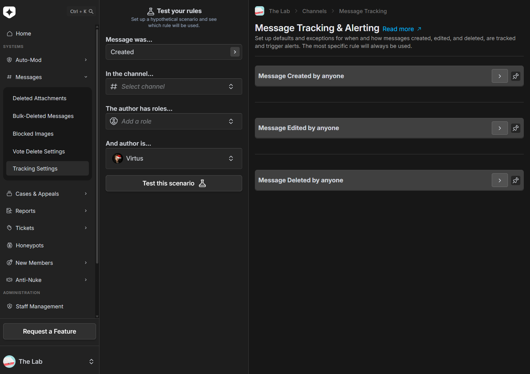 The Message Tracking & Alerting settings, with rules split into created, edited, and deleted events, and a panel to test a rule against a scenario scoped by channel, role, and author