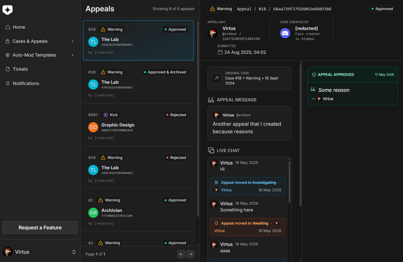 A user's personal dashboard showing their appeal for case #487 in the Graphic Design server, with status and appeal message