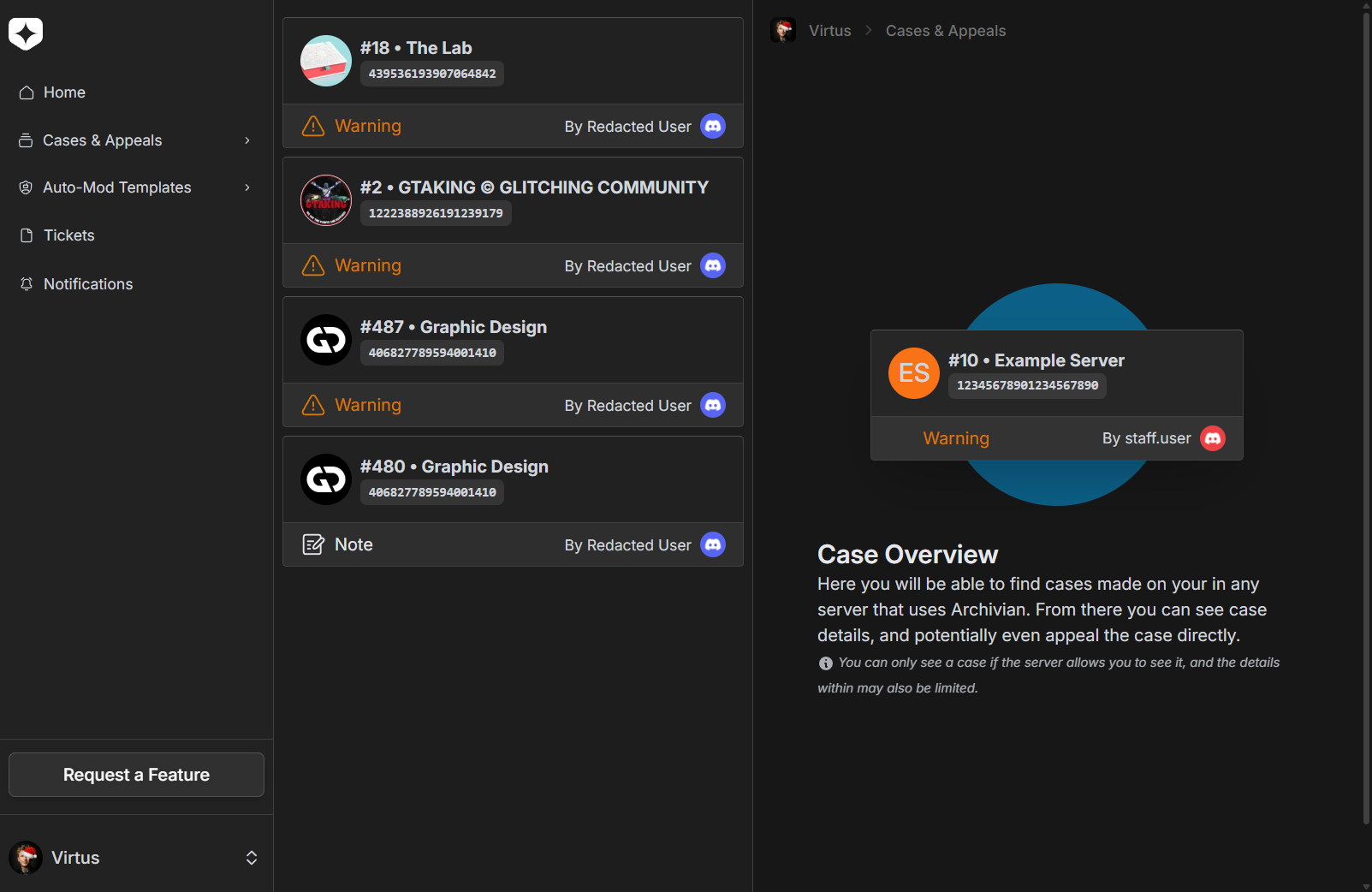 A user's 'My Cases & Appeals' personal dashboard showing a timeout case made on them in The Lab server