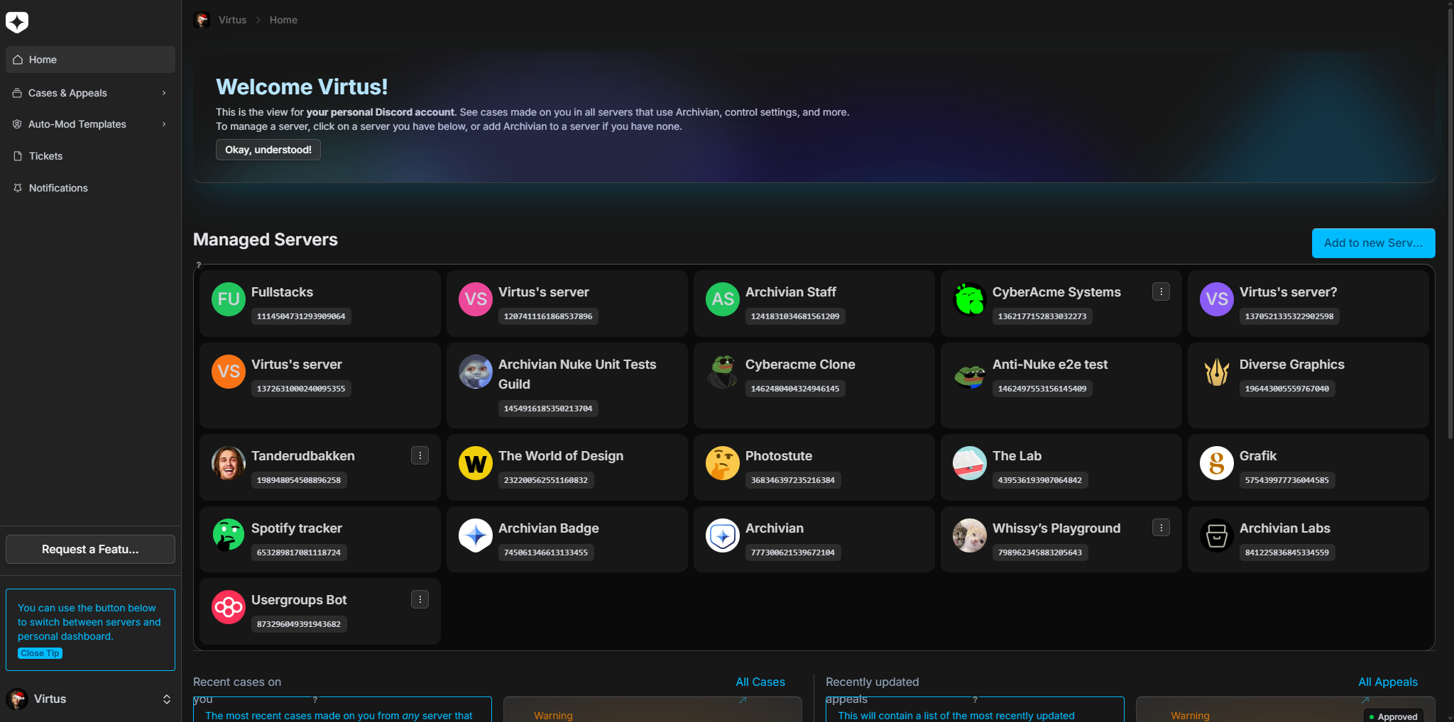 The personal dashboard home at /me: a welcome banner explaining it's the view for your personal Discord account, a 'Managed Servers' grid of the servers you're staff in with an 'Add to new Server' button, and a side navigation listing Home, Cases & Appeals, Auto-Mod Templates, Tickets and Notifications