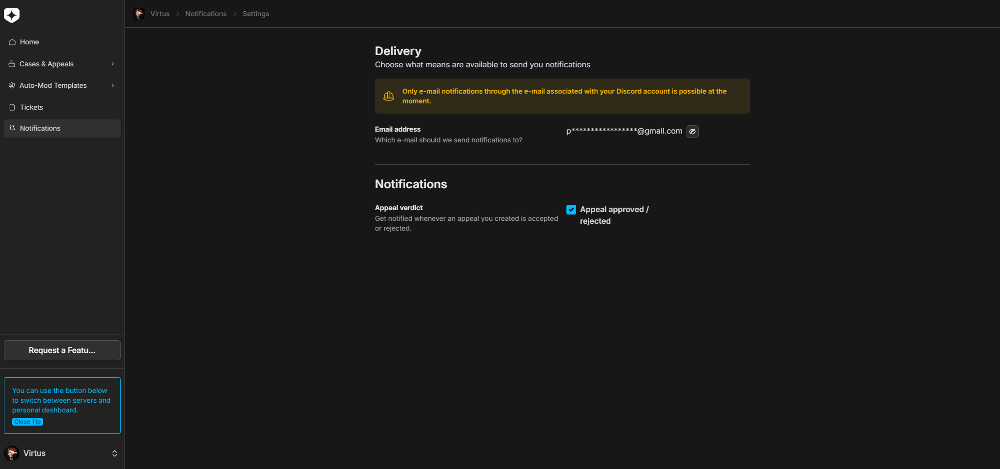 The Notifications settings page of the personal dashboard, with a 'Delivery' section for the email address notifications are sent to and a 'Notifications' section with an 'Appeal approved / rejected' toggle