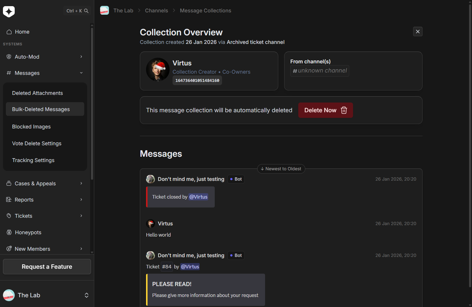 A bulk-deletion collection opened, listing every message it captured with their authors and timestamps, and an option to permanently delete them