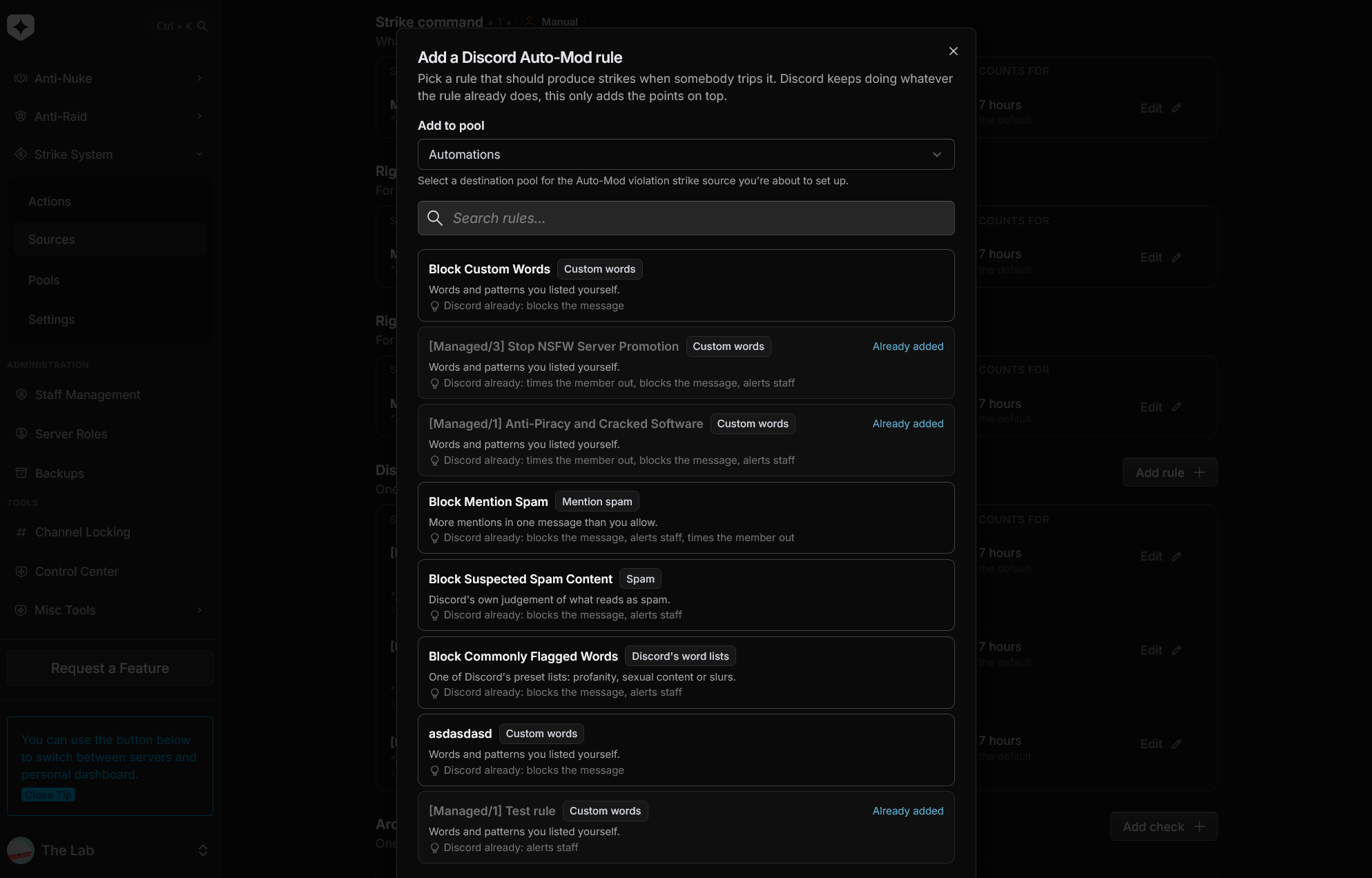 The Add rule dialog listing Discord Auto-Mod rules with trigger-type badges, a pool selector at the top, and an already-added rule shown disabled