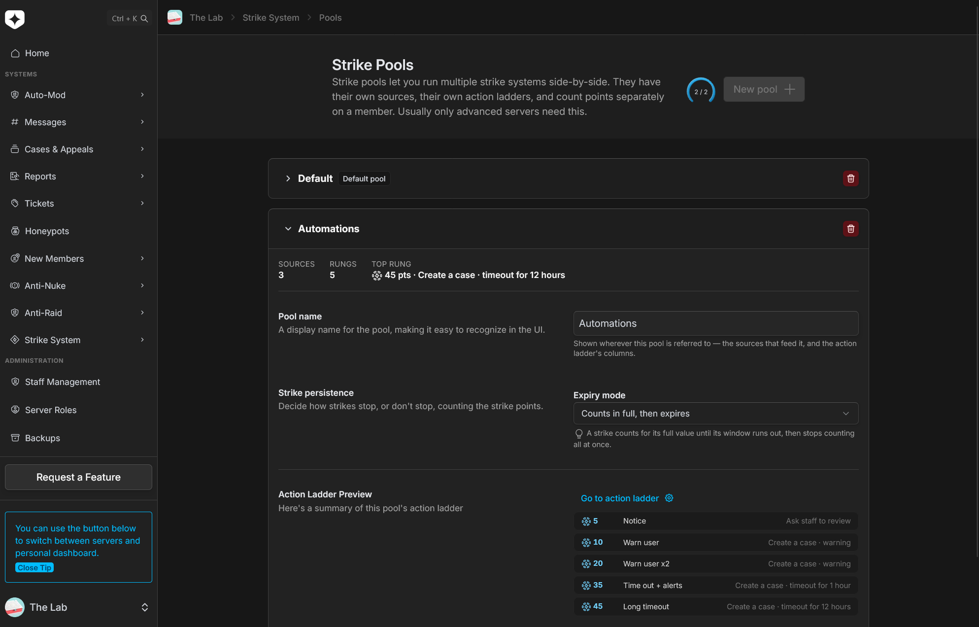 The Pools page showing several strike pools, each with its source count, rung count and top rung