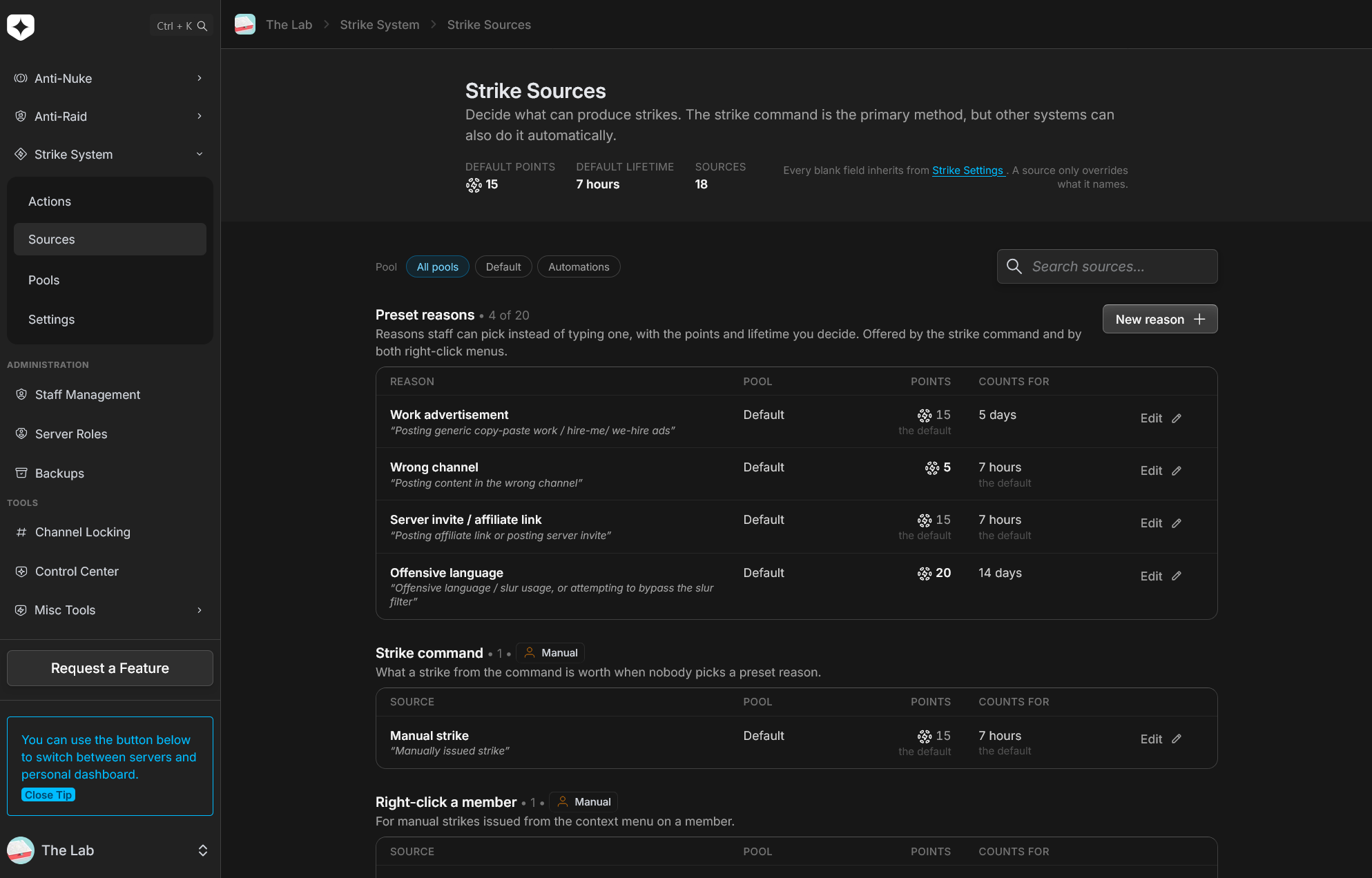 The Strike Sources page showing preset reasons in a table with their points, lifetime and pool