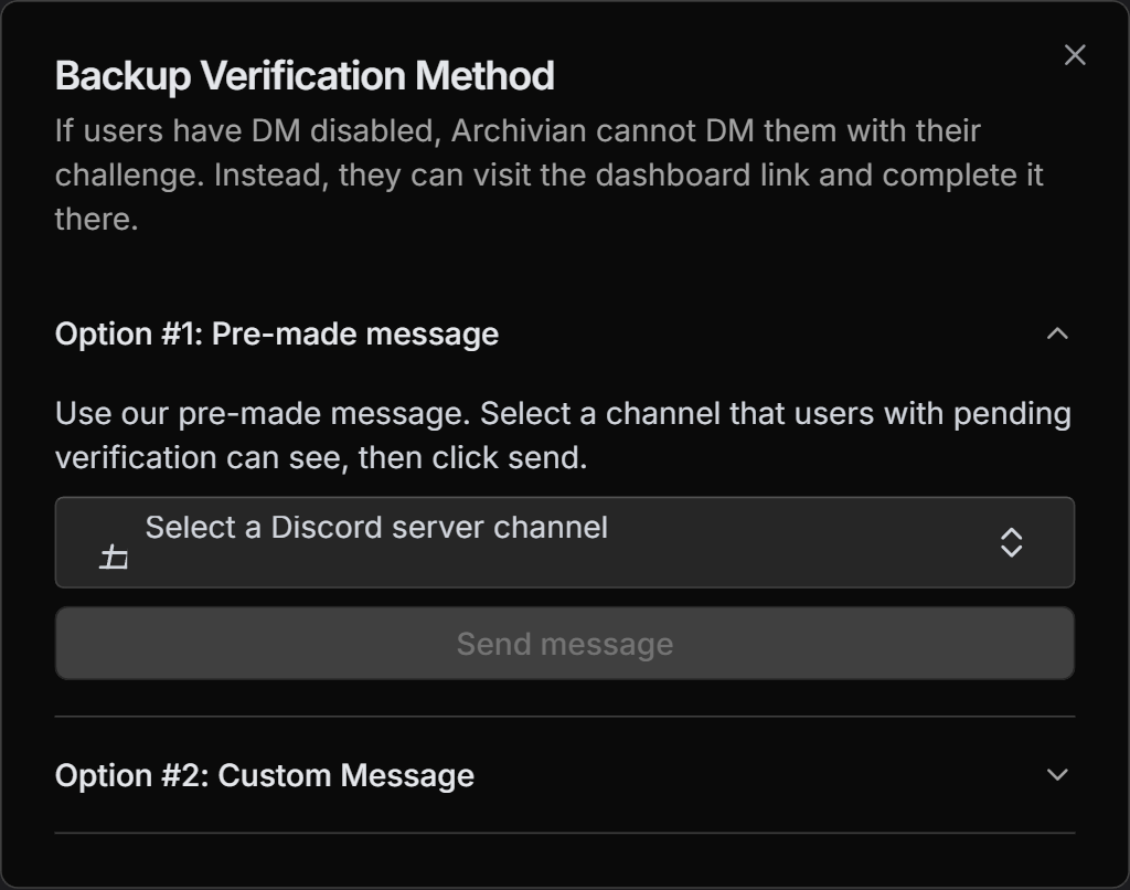 The Backup Verification Method dialog with a pre-made message option that posts into a chosen channel, and a custom message option with a copyable link
