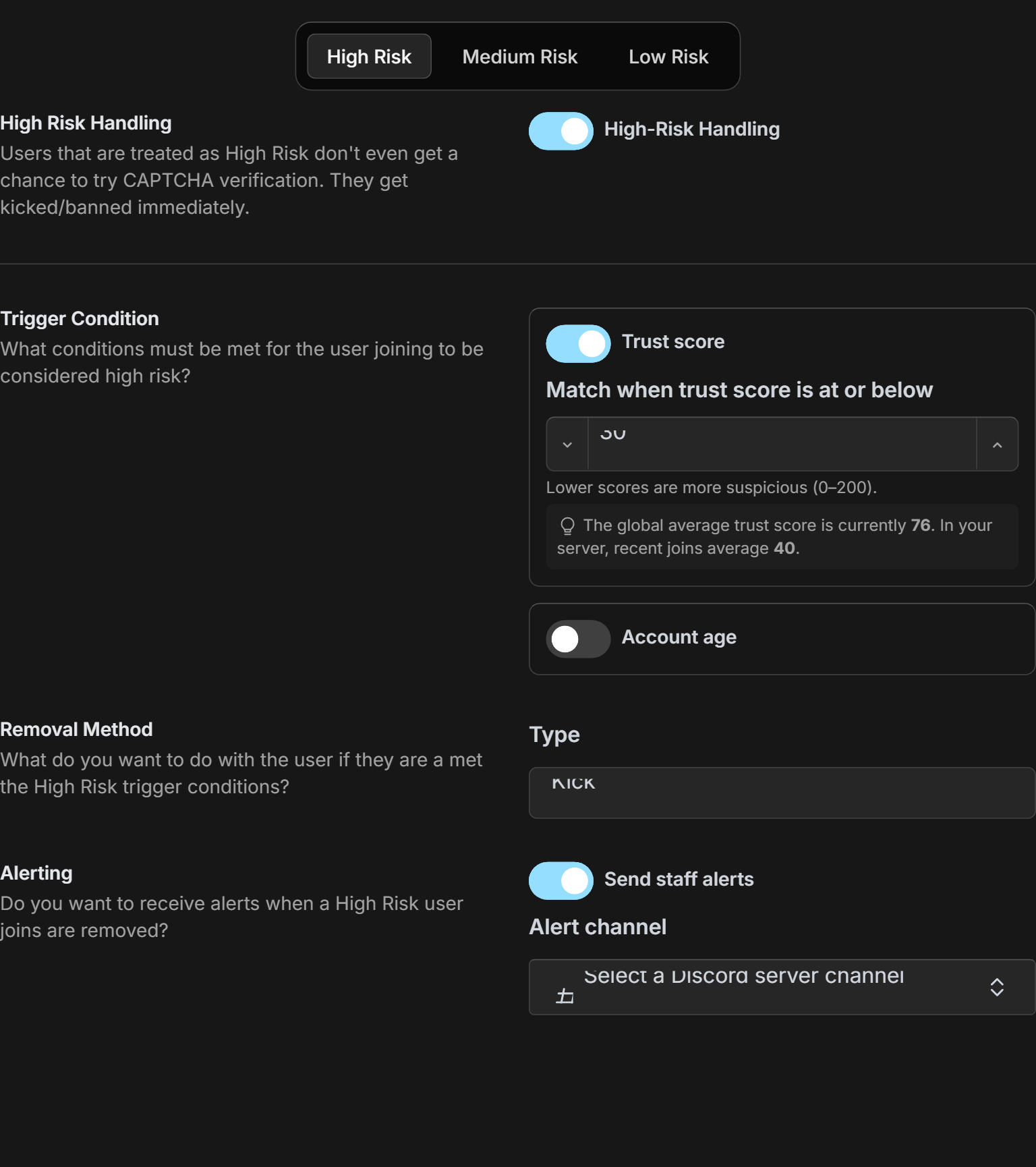 The High Risk tab showing the trust-score trigger with the global and server averages, the account-age option, the Kick/Ban removal method, and staff alerting