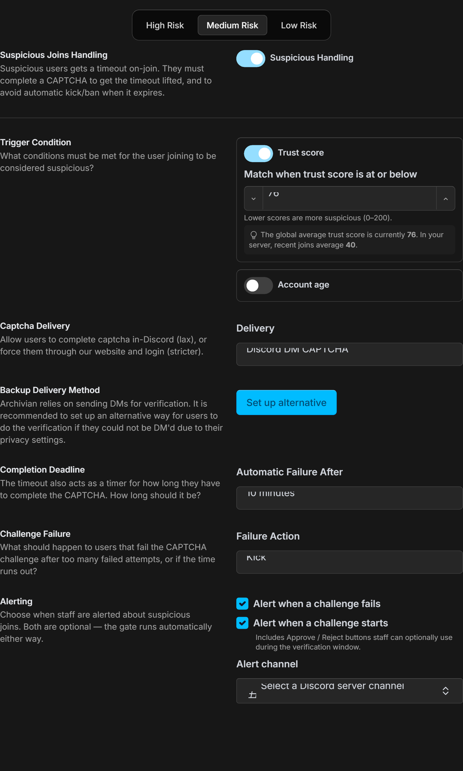 The Medium Risk tab showing CAPTCHA delivery, the backup method button, the completion deadline, the failure action, and alerting options