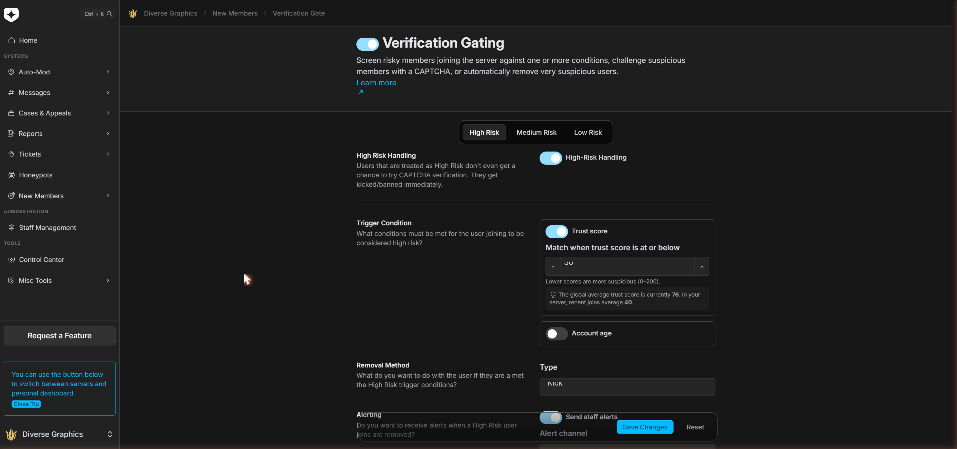 The Verification Gating settings page with the feature toggled on, showing the High Risk, Medium Risk, and Low Risk tabs and the High Risk trigger settings
